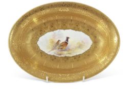 Royal Worcester dish with gilt decoration and central panel of pheasants, indistinctly signed, Royal