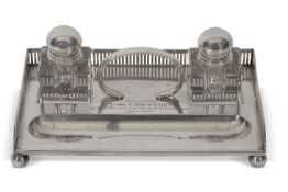 W.M.F. silver plated ink stand of rectangular form with pierced gallery surround, having two inset