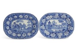 Two flowblue Staffordshire platters by Rodgers, one with an elephant, the other with a zebra, 37cm