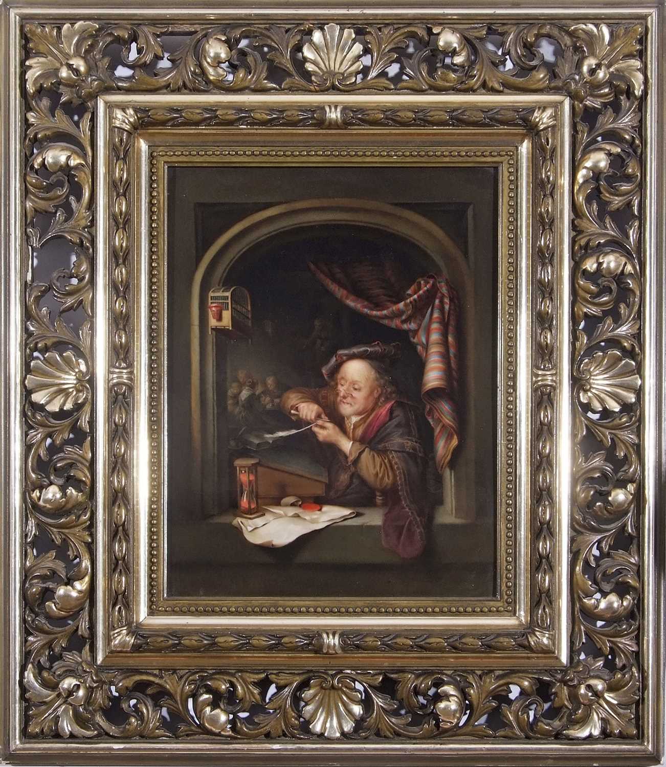 A Meissen porcelain plaque depicting an old schoolmaster sharpening his quill with children in a