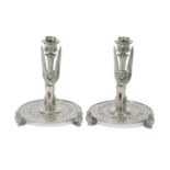 Pair of Elkington & Co silver plated Egyptian Revival candlesticks, 20cm tall, the tray diam 14cm
