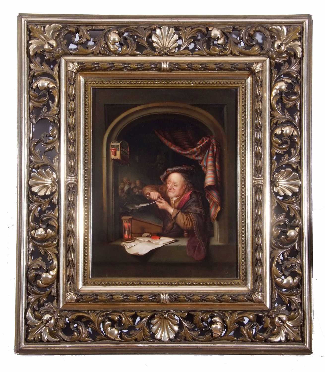 A Meissen porcelain plaque depicting an old schoolmaster sharpening his quill with children in a - Image 2 of 3