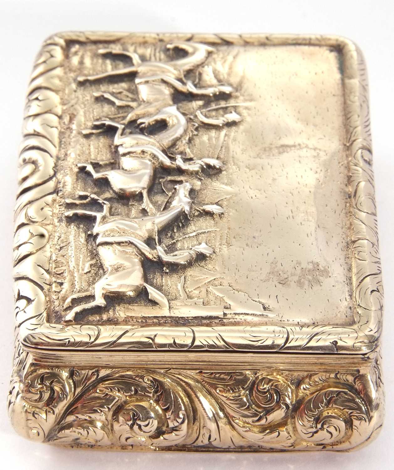 George IV heavy cast silver gilt snuff box of bombe sided rectangular form, the lid with raised - Image 3 of 8