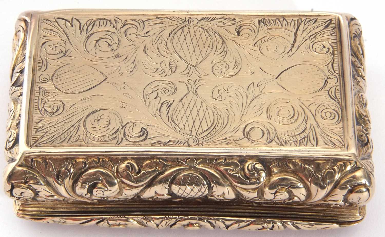 George IV heavy cast silver gilt snuff box of bombe sided rectangular form, the lid with raised - Image 2 of 8