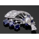 Diamond, sapphire and pearl brooch, the spray designed frame displays a feature 8mm cultured pearl