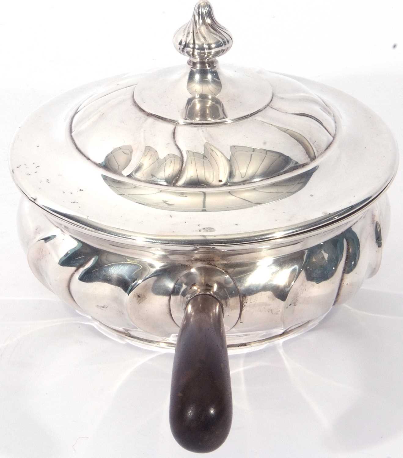 Early/mid-20th century Danish silver flambe or serving lidded pan with treen handle, the pan - Image 3 of 9