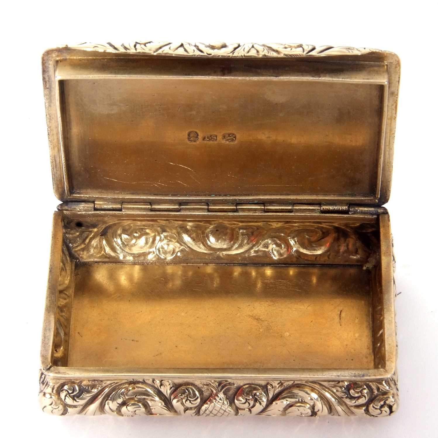 George IV heavy cast silver gilt snuff box of bombe sided rectangular form, the lid with raised - Image 7 of 8