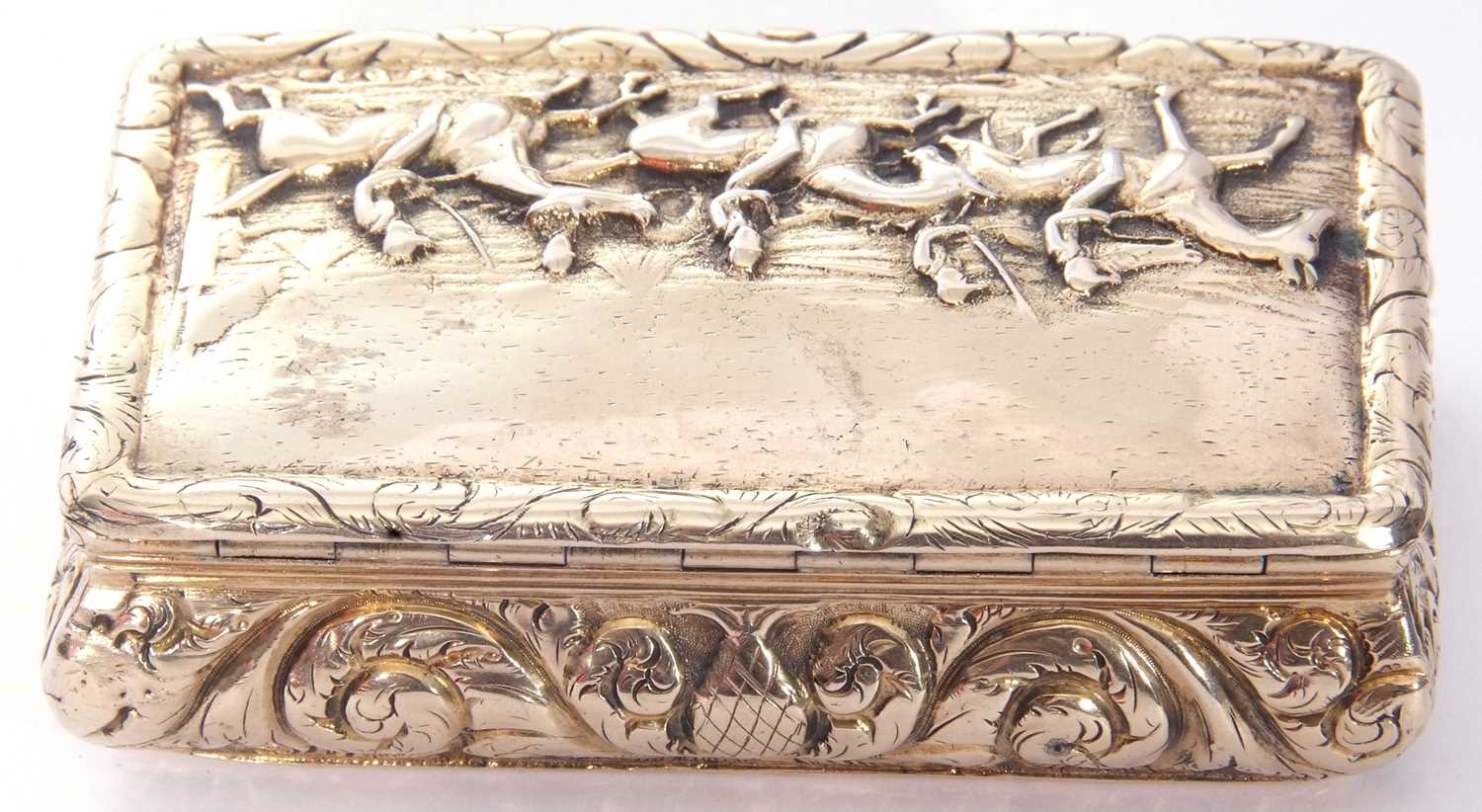 George IV heavy cast silver gilt snuff box of bombe sided rectangular form, the lid with raised - Image 4 of 8