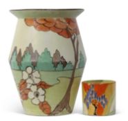 Large Clarice Cliff v Limberlost vase decorated with flowers and trees (rim repaired) together