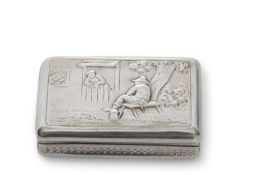 George III snuff box of concave sided rectangular form, the lid embossed in Dutch style with figures