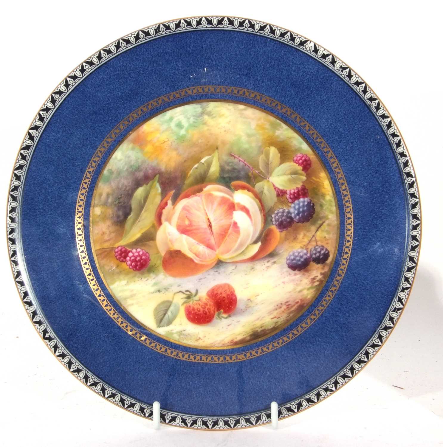 Wedgwood plate painted with fruit, signed H Holland, together with a tankard painted with fruit, - Image 2 of 9