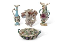 Group of 19th century English porcelain wares, relief decoration with floral encrustations in Minton