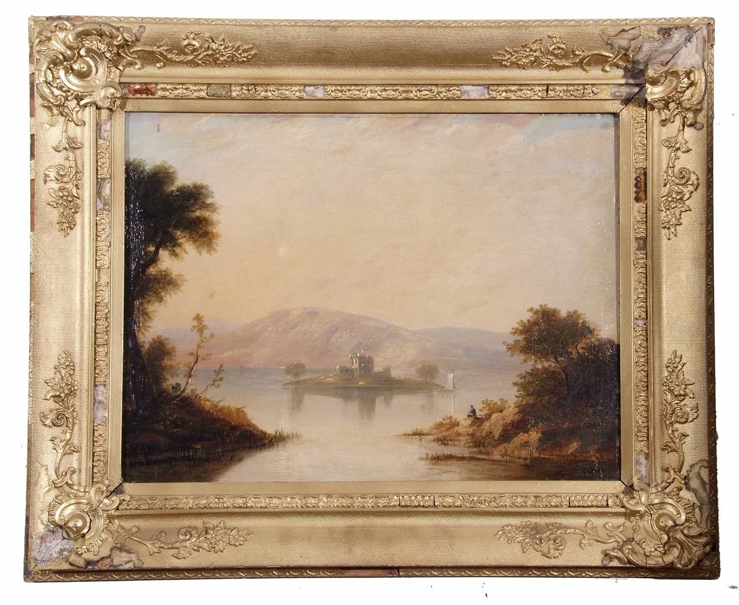 Follower of Alexander Naysmith (1758-1840), A figure by a loch looking out to a ruined castle, oil - Image 2 of 2