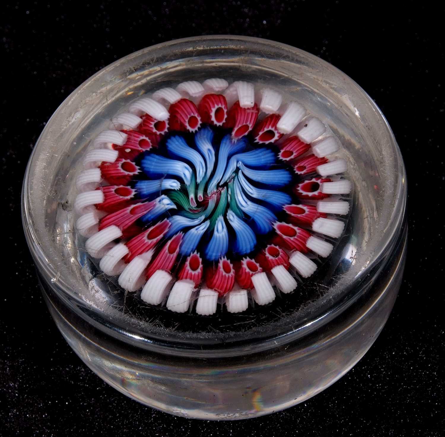 Large paperweight with multi-coloured canes within latticino borders, 10cm diam - Image 3 of 5