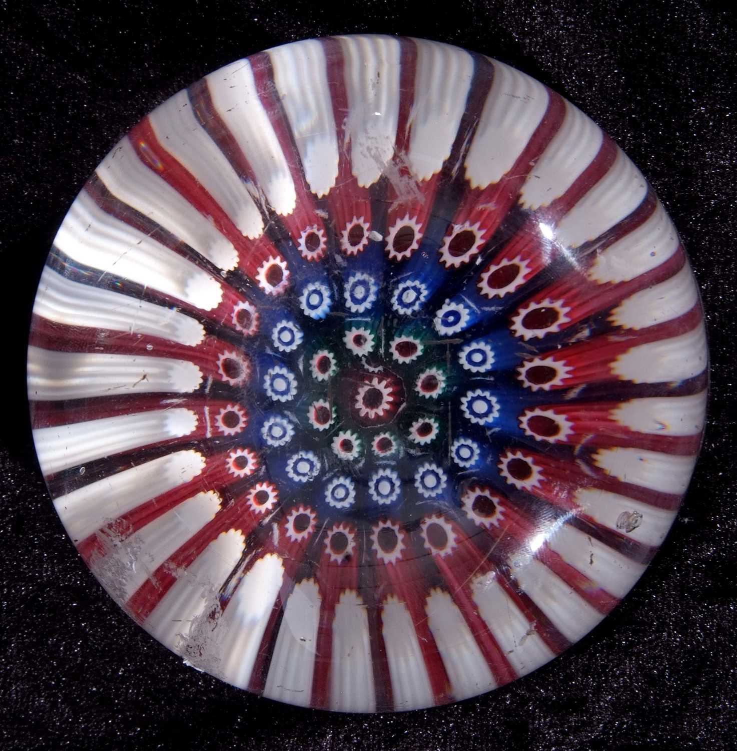 Large paperweight with multi-coloured canes within latticino borders, 10cm diam - Image 4 of 5