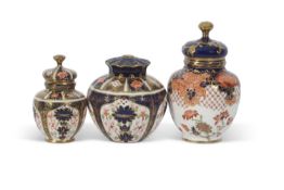 Group of Royal Crown Derby wares, jars and covers, all with typical Imari style designs (3), 19cm