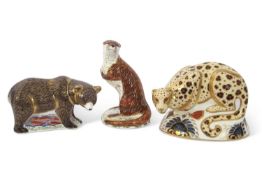 Royal Crown Derby Models including; playful otter, savannah leopard, and grizzly bear (3)Condition