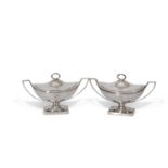 Good pair of George III sauce tureens and lids in neo-classical taste, of boat shape with swept
