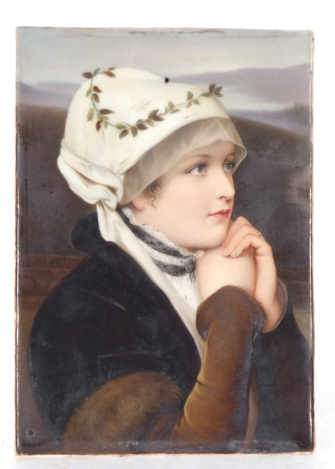 KPM style plaque finely painted with image of a young girl, label to reverse for F A Kaulbach, No - Image 2 of 6
