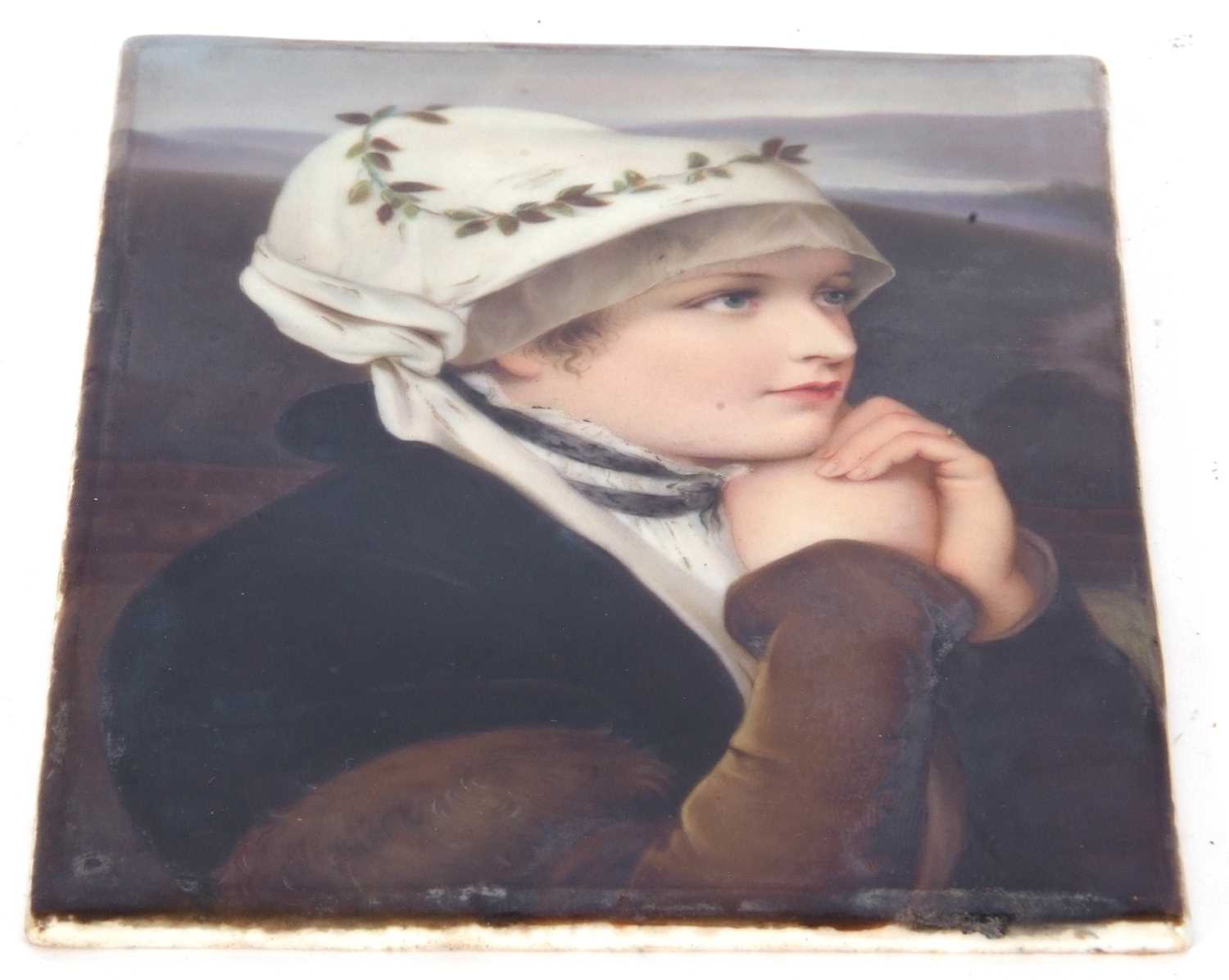 KPM style plaque finely painted with image of a young girl, label to reverse for F A Kaulbach, No - Image 5 of 6