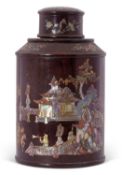 Chinese hardwood caddy decorated in mother of pearl with Chinese figures and pagodas, the top with a