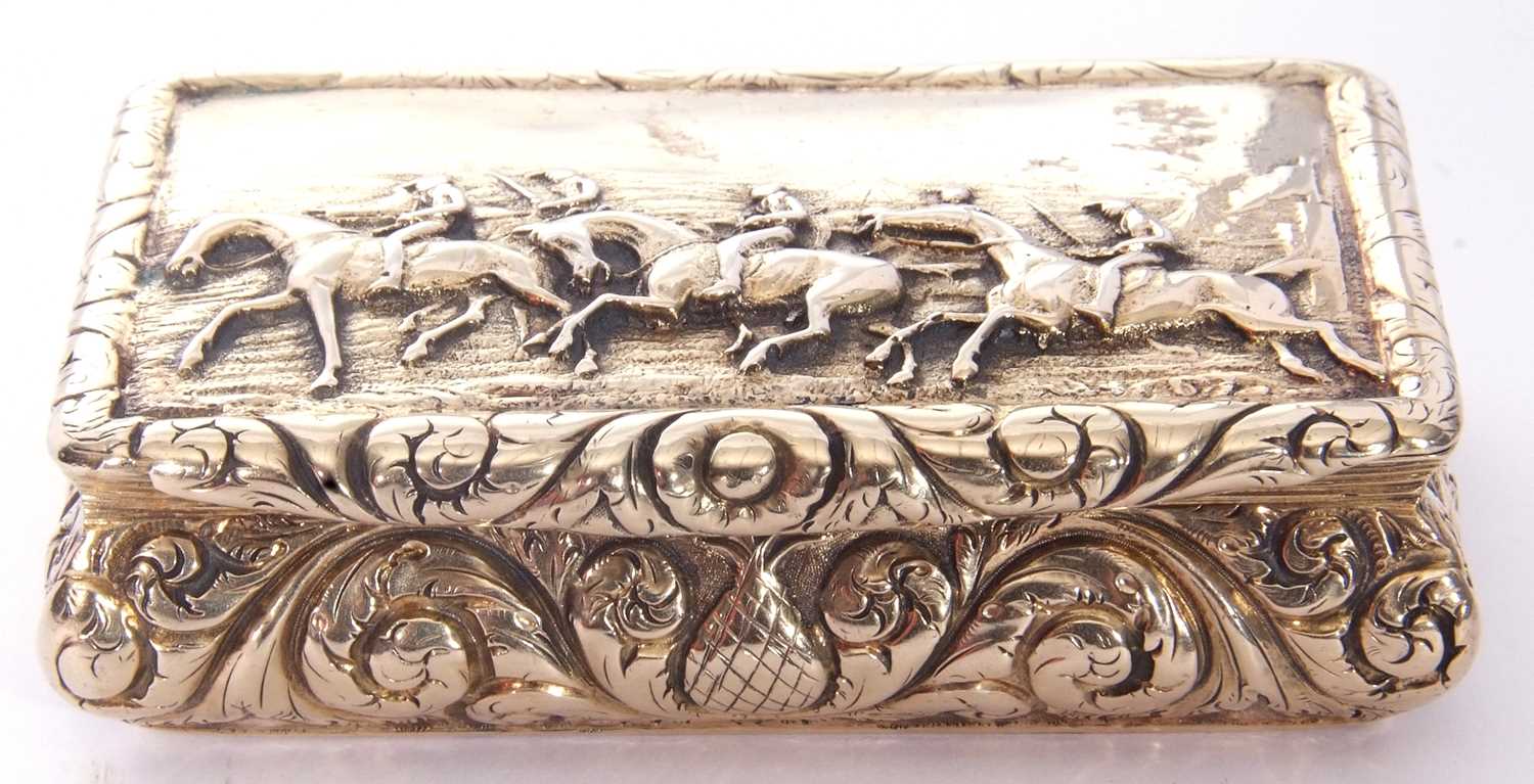 George IV heavy cast silver gilt snuff box of bombe sided rectangular form, the lid with raised - Image 6 of 8