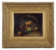 British School, 19th Century, Still Life, An overturned fruit basket with apples, grapes and