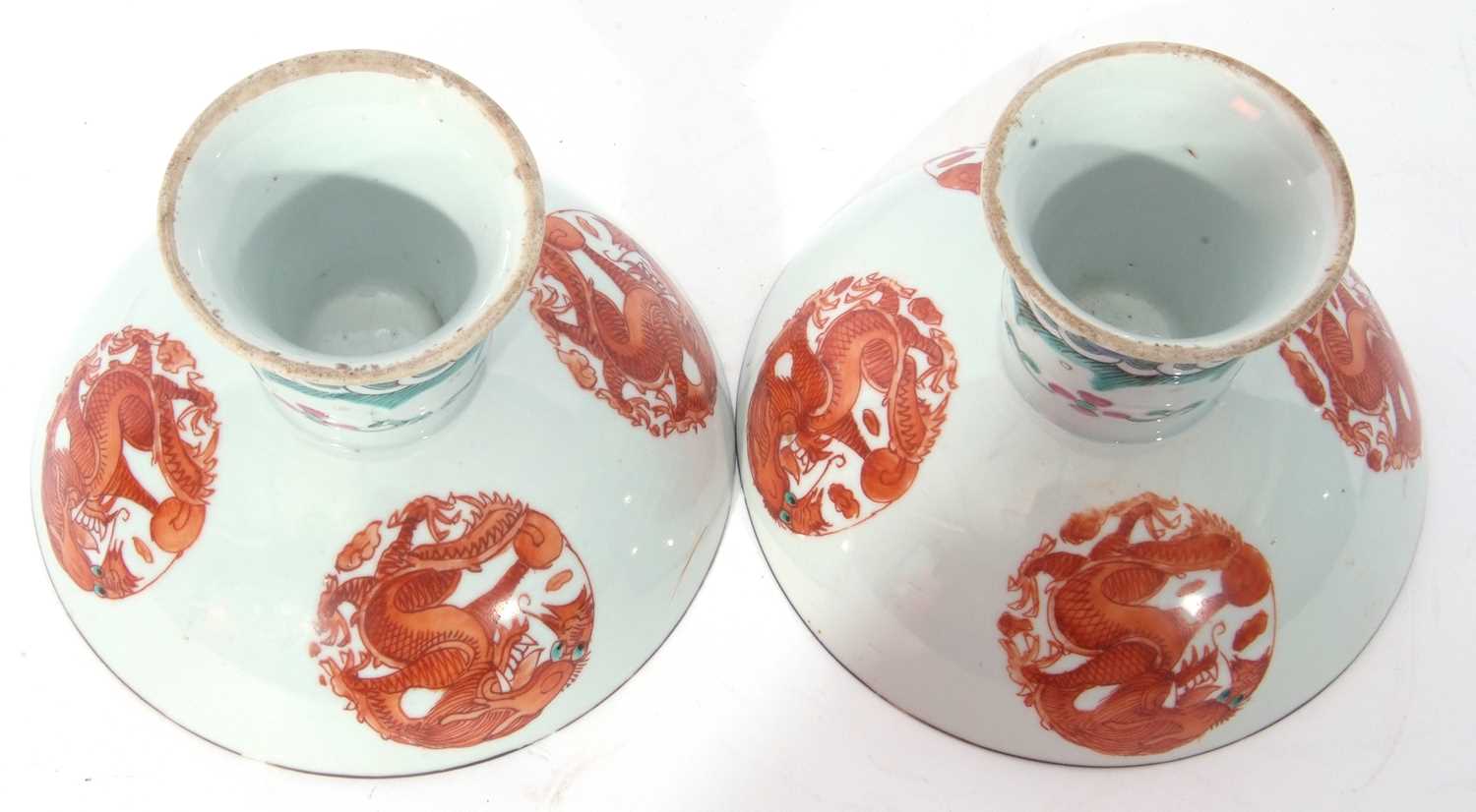 Pair of Chinese porcelain stem cups, late Qing dynasty, decorated in iron red with phoenix to the - Image 4 of 8