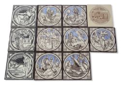 Group of tiles Minton Moyr Smith, mainly with scenes from Tennysons 'Idylls of the King', most tiles