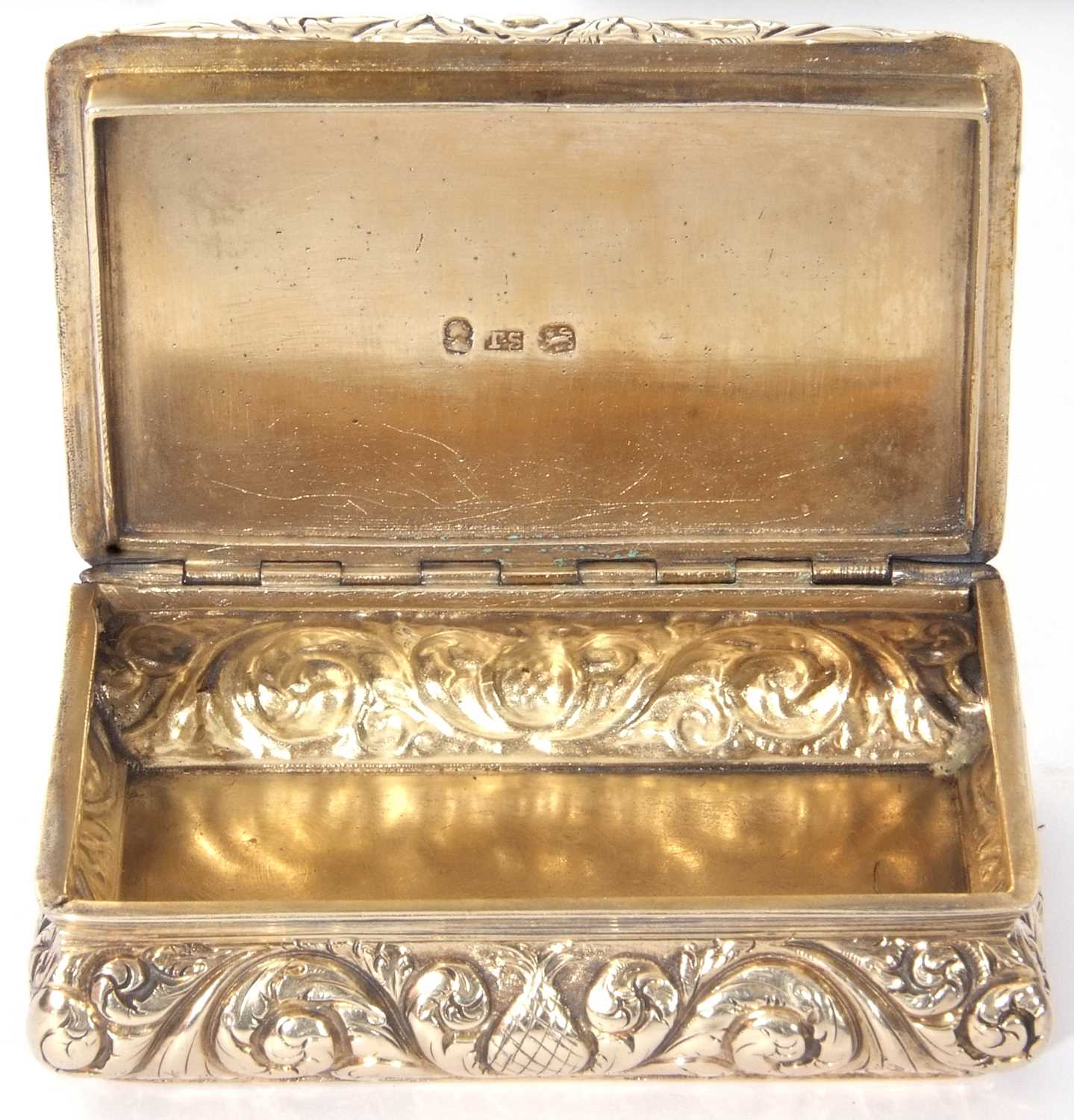 George IV heavy cast silver gilt snuff box of bombe sided rectangular form, the lid with raised - Image 8 of 8