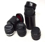 A GROUP OF LENSES TO INCLUDE A CASED ROKINON 80-250mm, CASED MINOLTA 28mm, MIRANDA 35-70mm AND A