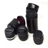 A GROUP OF LENSES TO INCLUDE A CASED ROKINON 80-250mm, CASED MINOLTA 28mm, MIRANDA 35-70mm AND A