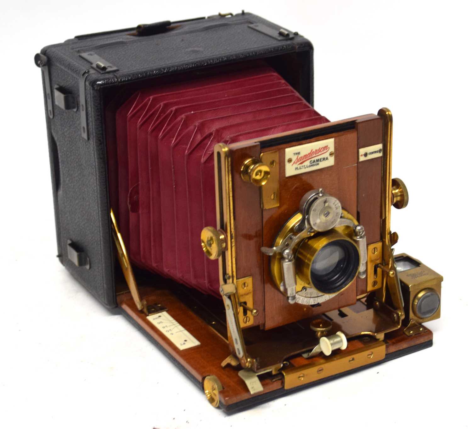 A RARE C1910 SANDERSON FIELD CAMERA COMPLETE WITH LEATHER CARRY CASE, INSTRUCTION MANUAL AND PLATES