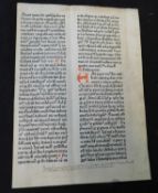 Two early printed leaves, double columns, 36 lines, each leaf with old manuscript at foot '