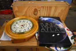 WALL CLOCK WITH BATTERY MOVEMENT, AND AN ATLAS OF THE WORLD AND A FLORAL TRAY