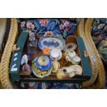 BOX OF MIXED GLASS AND CERAMICS TO INCLUDE VARIOUS TEA WARES, BISCUIT BARREL, MODERN PHEASANT,