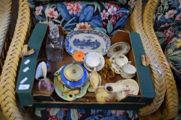 BOX OF MIXED GLASS AND CERAMICS TO INCLUDE VARIOUS TEA WARES, BISCUIT BARREL, MODERN PHEASANT,