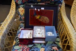 PEACOCK DECORATED TRAY TOGETHER WITH ROYAL ALBERT COUNTRY ROSES MODEL CAT AND TEDDY BEAR AND A