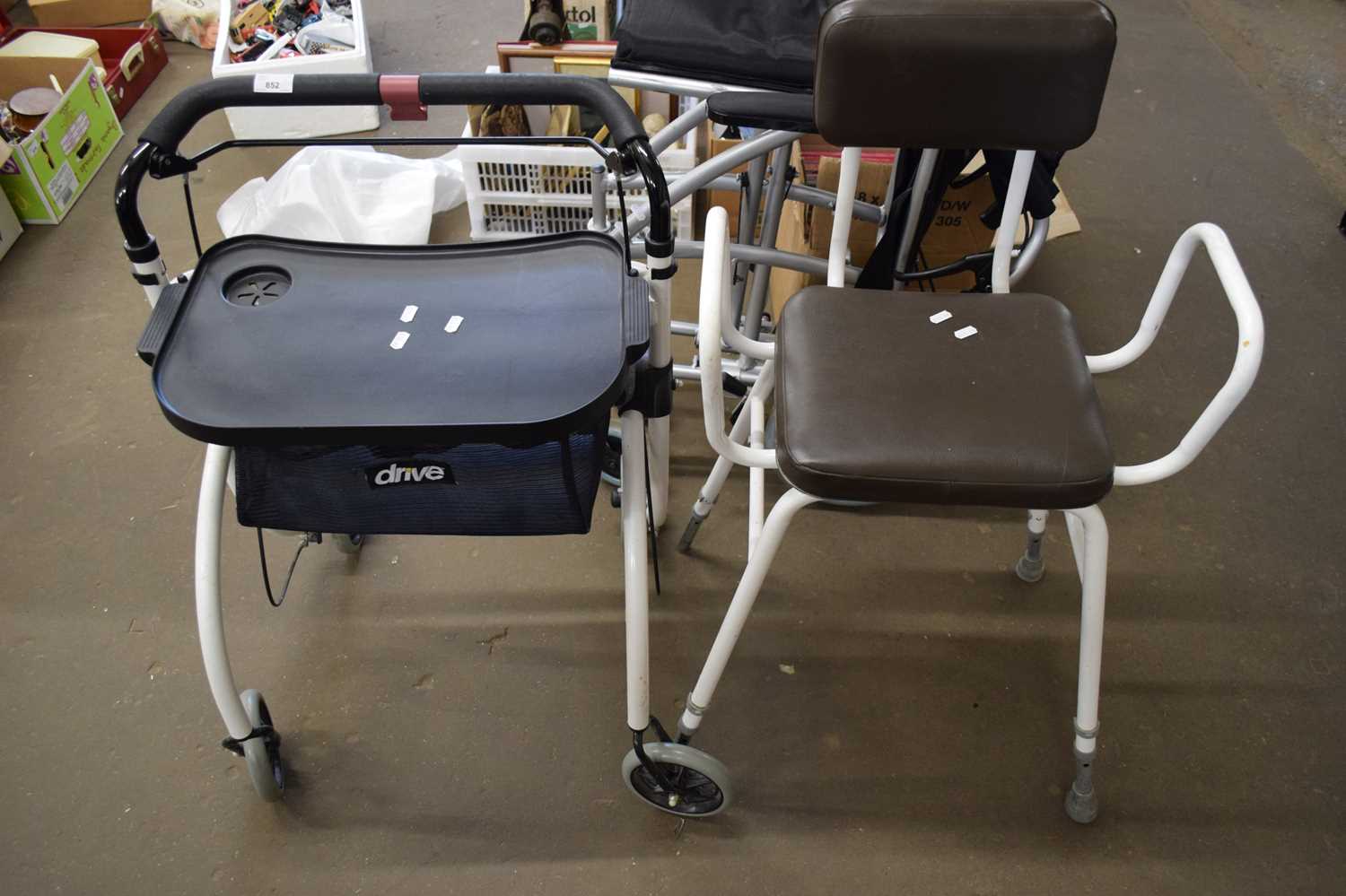 DISABILITY METAL FRAMED WALKER WITH TRAY TOGETHER WITH A METAL FRAMED ADJUSTABLE CHAIR