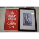 COLOURED POSTER 'KEEP CALM AND CARRY ON' PLUS A FURTHER COLOURED PRINT OF VASES (2)