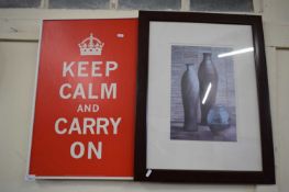 COLOURED POSTER 'KEEP CALM AND CARRY ON' PLUS A FURTHER COLOURED PRINT OF VASES (2)