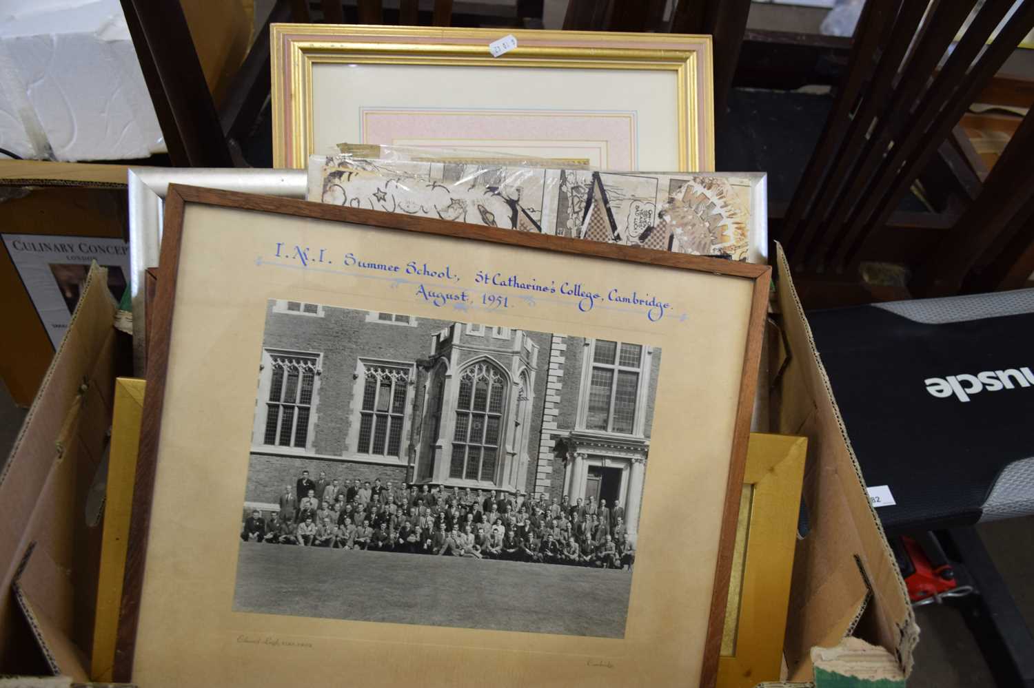 BOX OF ASSORTED PICTURES TO INCLUDE FRAMED PHOTOGRAPH, 'SUMMER SCHOOL, ST CATHERINE'S COLLEGE,