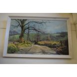 COLOURED PRINT OF A COUNTRY LANE, FRAMED