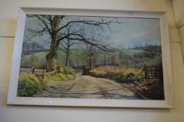 COLOURED PRINT OF A COUNTRY LANE, FRAMED