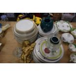 QUANTITY OF DINNER PLATES, REMOTE CONTROL TRUCK, GLASS WARE, CHERUB MODEL ETC