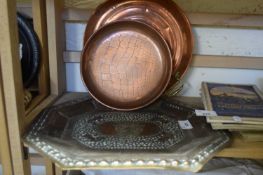 MIXED LOT ISLAMIC BRASS TRAY TOGETHER WITH A HOT WATER BOTTLE AND A FURTHER COPPER TRAY (3)