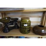 SCALES AND WEIGHTS, TURNED WOODEN BOWL AND A HORNSEA STORAGE JAR (3)