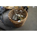 BASKET CONTAINING CANDLE HOLDERS, CHRISTMAS DECORATIONS ETC