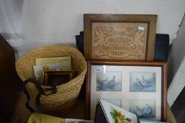 FRAMED CUT-OUT RELIGIOUS PICTURE, BASKET CONTAINING SMALL PICTURES AND AN OFFICE CASE