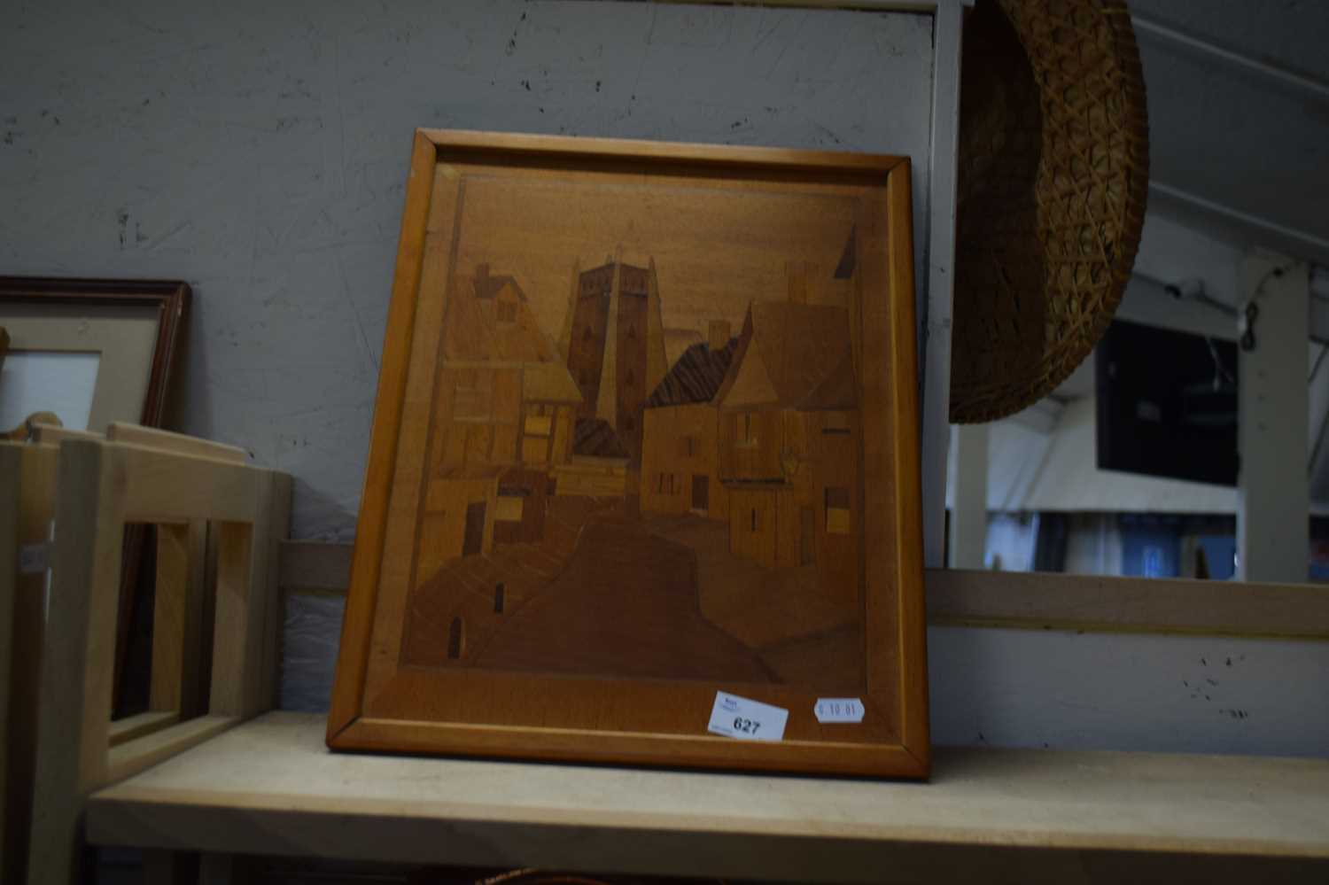 MARQUETRY PICTURE OF A STREET SCENE WITH CHURCH